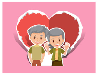 Cute old couple in heart shape postcard