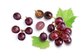 Red grapes with green leaf and half sliced isolated on white background. Top view. Flat lay. Grape pattern texture background. 