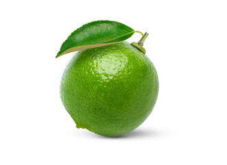 Green lime with green leaf isolated on white background.