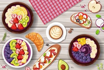 Top view Acai food bowl and placemat on wood table