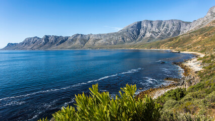 Scenic ocean shoreline of a small bay surrounded with mountains and Cape Fynbos plants with a blue sky 