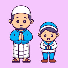 Cute Muslim Father and Son in Cartoon. Ramadan Vector Illustration. Flat Style Concept.