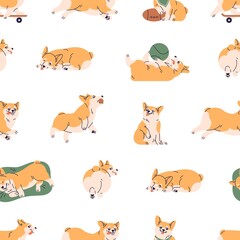 Cute corgi pattern. Seamless background with repeating funny dogs print. Endless repeatable backdrop, texture design with amusing doggies, puppies for decoration. Colored flat vector illustration