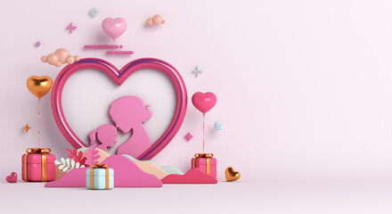 Happy Mothers day background with frame, gift box, heart shape balloon, leaves copy space text, 3D rendering illustration