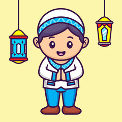 Cute Muslim Boy with Lantern in Cartoon. Ramadan Vector Illustration. Flat Style Concept.