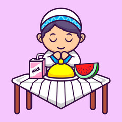 Cute Muslim Boy Iftar in Cartoon. Ramadan Vector Illustration. Flat Style Concept.