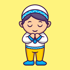 Cute Muslim Boy Praying in Cartoon. Ramadan Vector Illustration. Flat Style Concept.