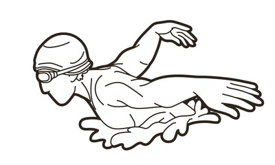 Swimming Sport Male Swimmer Action Cartoon Graphic Vector