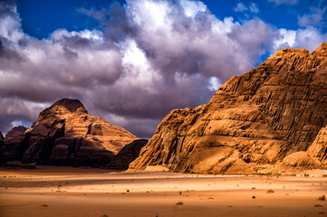 An outstanding desert-mountain landscape. Wadi Rum Protected Area, Jordan.