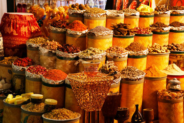 arabian spice and herbs market stall with wide selections of fragrance - obrazy, fototapety, plakaty