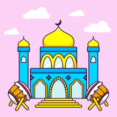 Cute Mosque Background with Drum in Cartoon. Ramadan Vector Illustration. Flat Style Concept.