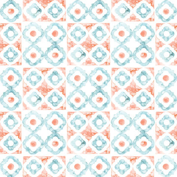 Seamless moroccan pattern. Square vintage tile. Blue, orange and white watercolor ornament painted with paint on paper. Handmade. Print for textiles. Set grunge texture.