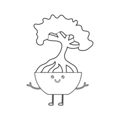 Coloring book for kids, cute cartoon flowers in a kawaii pot.