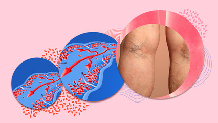 Varicose veins on a female senior legs. The structure of normal and varicose veins.