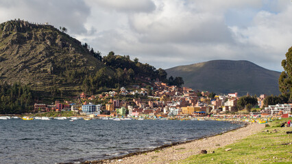 Copacabana, Bolivia, March 26 2017 : Panorama of Copacabana, Bolivia, from the shore of the Titicaca Lake.