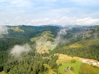 High flight in the mountains of the Ukrainian Carpathians. Aerial drone view.