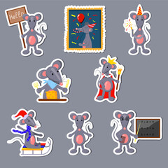 a set of cute cartoon rat stickers, vector isolated on a white background