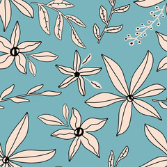 Abstract Hand Drawing Tropical Flowers and Leaves Seamless Vector Pattern Isolated Background