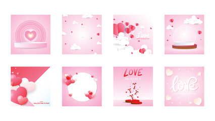 Set heart and cloud with podium in Valentine's Day for content online , with copy space on pink background , Flat Modern design , illustration Vector EPS 10