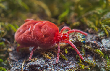 Velvet Mite - Trombidium holosericeum walking on a tree