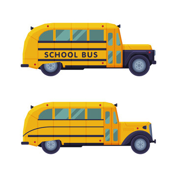 Yellow classic school bus set, side view vector illustration