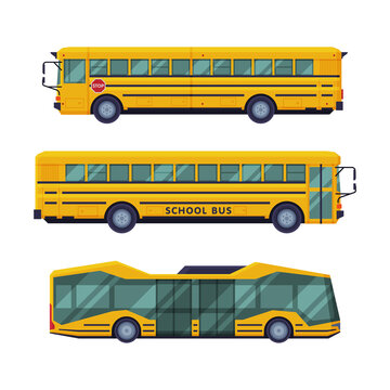 Set of yellow city bus, side view vector illustration