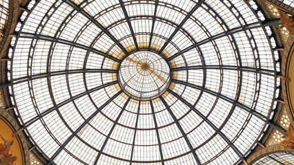 Cupola of the Galleria Vittorio Emanuele II in Milano, Italy. Panorama.