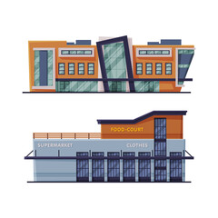 Set of public buildings. Shopping mall or supermarket building cartoon vector illustration