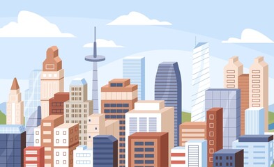 City center with dense urban buildings, skyscrapers, towers. Metropolis downtown with offices and residential real estate architecture, sky. Financial district constructions. Flat vector illustration