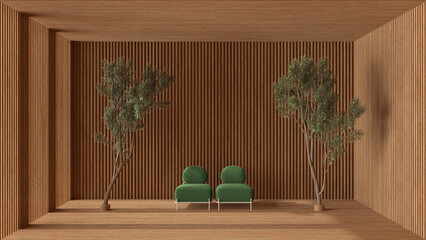 Minimalist zen room, garden interior design, open space with wooden walls and parquet with two birch trees, modern green armchairs, peaceful and relaxing architecture, japanese style