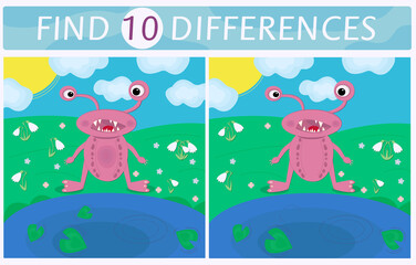 Naklejka premium Find 10 differences. Childrens Card with pink fanny monster and lake