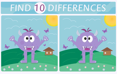 Find 10 differences. Children's Card with purple fanny monster, field, flowers, sky, butterflies and hause