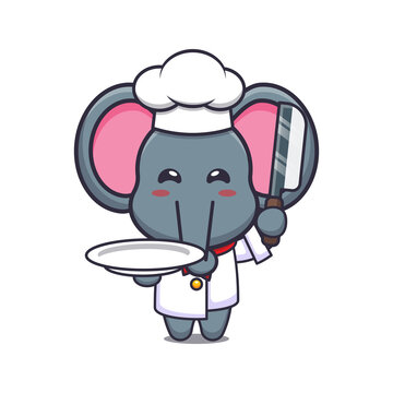 cute elephant chef mascot cartoon character with knife and plate