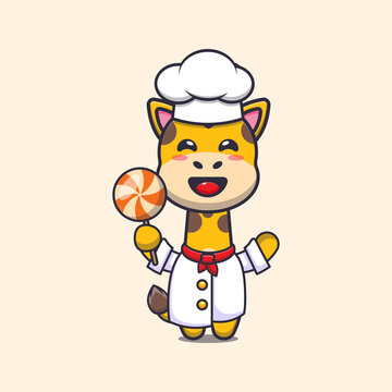 cute giraffe chef mascot cartoon character holding candy
