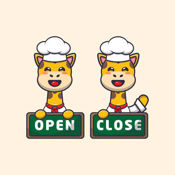 cute giraffe chef mascot cartoon character with open and close board