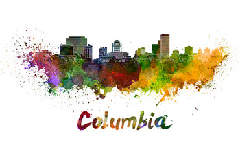 Columbia skyline in watercolor splatters with clipping path