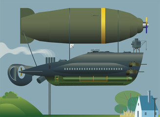 Dieselpunk or steampunk military zeppelin loating above the european village, illustration © Mykola