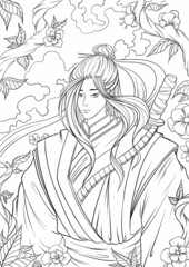 Coloring page of japanese samurai warrior with flowers on the background. Freehand sketch drawing for adult antistress coloring book in zen-tangle style