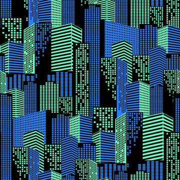 Neon city. Seamless pattern from skyscrapers . Vector illustration.