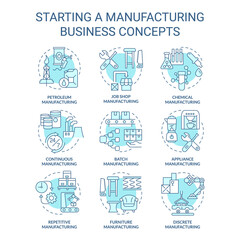 Starting manufacturing business turquoise concept icons set. Production process idea thin line color illustrations. Isolated symbols. Editable stroke. Roboto-Medium, Myriad Pro-Bold fonts used