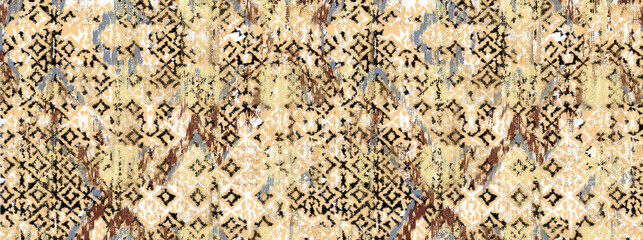Grunge vector seamless texture with ethnic pattern, fabric texture, rug boho style design,  illustration