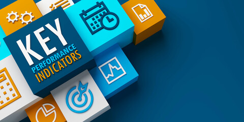 3D render of wide perspective view of KEY PERFORMANCE INDICATORS business concept with colorful cubes on dark blue background