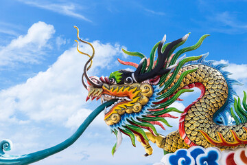 Dragon head statute at Chinese temple over blurred blue sky, outdoor day light