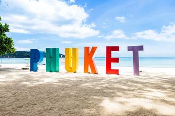 Phuket sign on the tropical beach in south of Thailand, Holiday destination, Patong beach, summer...