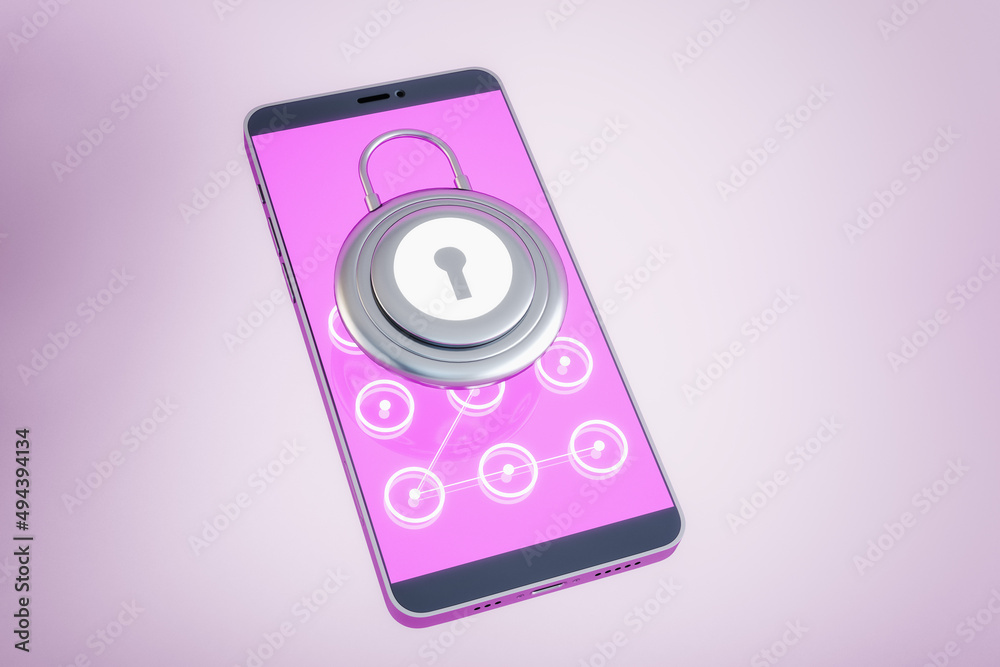 Aufkleber Close up of mobile phone with creative padlock on screen. Pink background. Secure device concept. 3D Rendering.