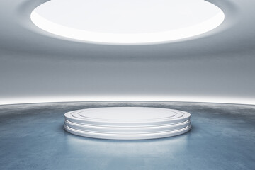 Concrete space ship interior with light from above and mock up place on round pedestal in spotlight. Presentation concept. 3D Rendering.