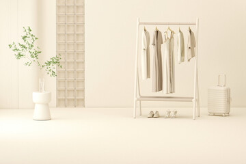 Clothes hanging on a rack, shelf on pastel beige background. Creative composition. Light background with copy space. 3D render for web page, presentation, studio, store fashion
