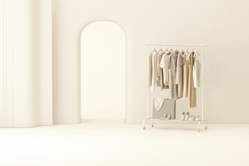 Clothes hanging on a rack, shelf on pastel beige background. Creative composition. Light background with copy space. 3D render for web page, presentation, studio, store fashion
