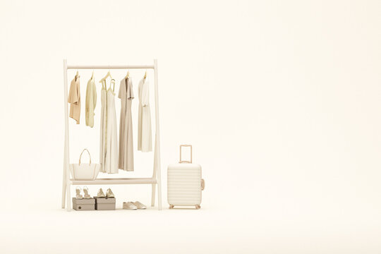 Clothes hanging on a rack, shelf on pastel beige background. Creative composition. Light background with copy space. 3D render for web page, presentation, studio, store fashion
