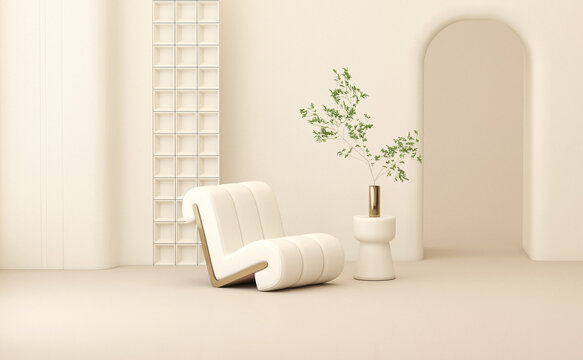 Creative interior design in white studio with plant pot and armchair. Pastel beige color background. 3D rendering for web page, presentation or picture frame, nordic style
